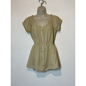 VTG Y2K Dots Beige Top Brown Pin Stripe Cap Sleeve Smocked Waist Cottagecore